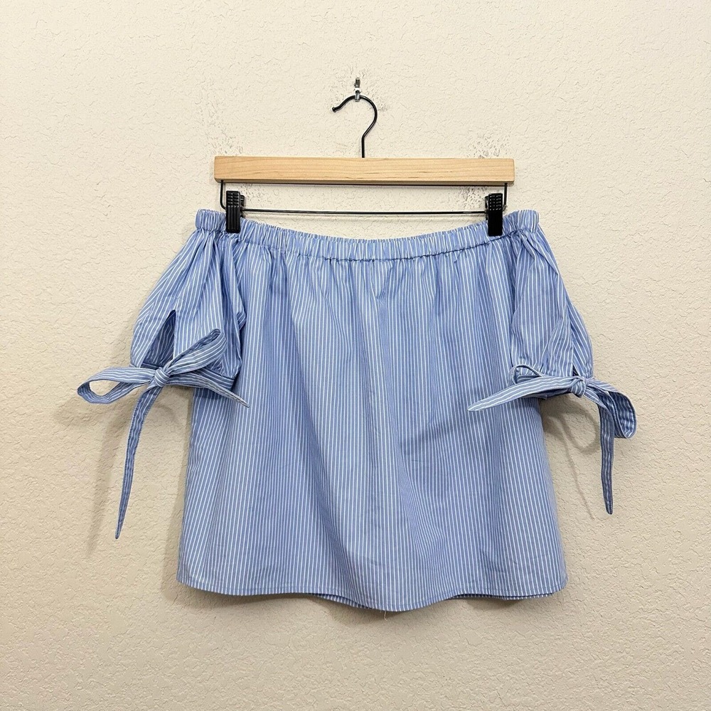 NWT LULUS Smooth Seas Blue & White Striped Off-the-Shoulder Crop Top